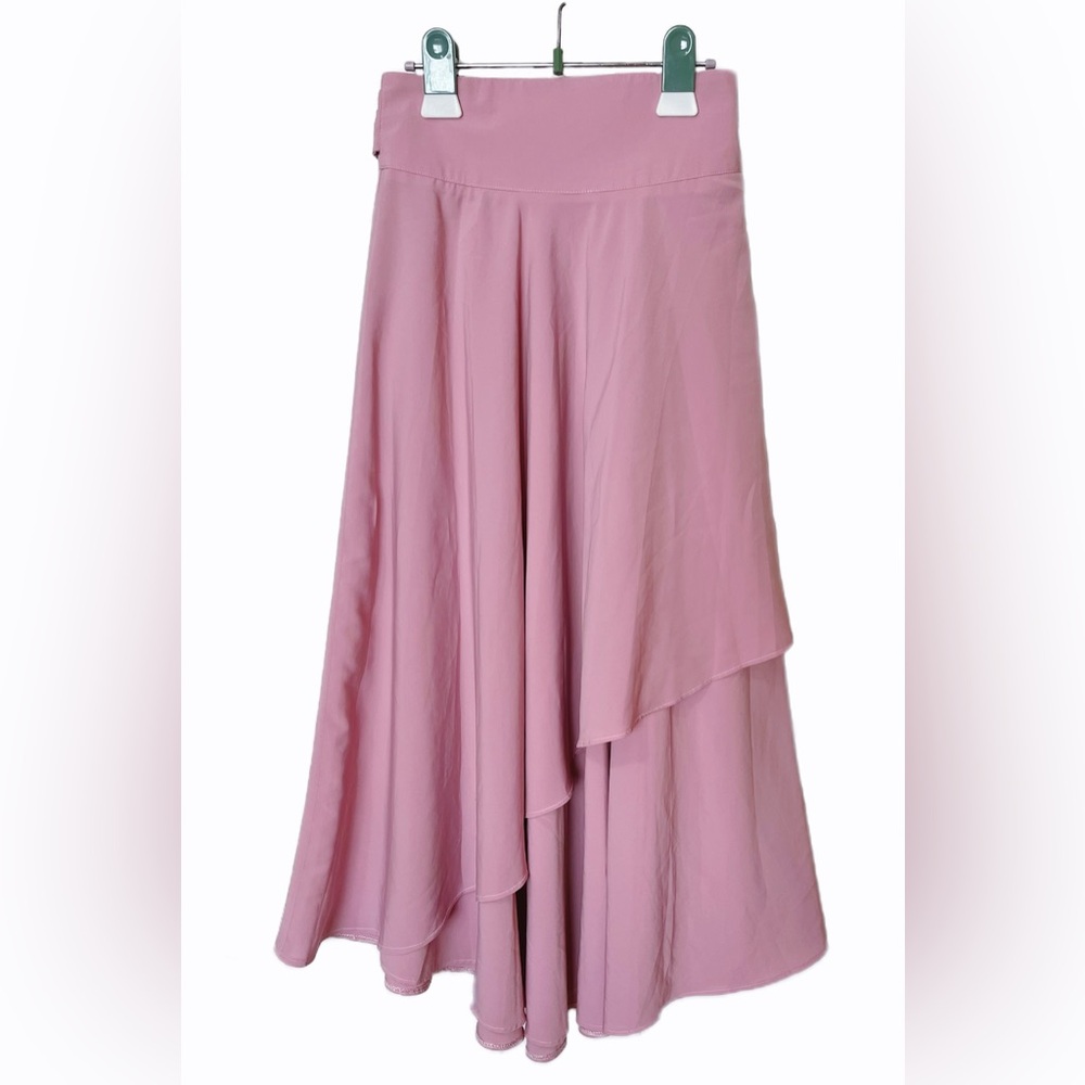Womens 80s Vintage Pink Handmade Draped Wrap Skirt Tie Waist Asymmetric Hem Midi